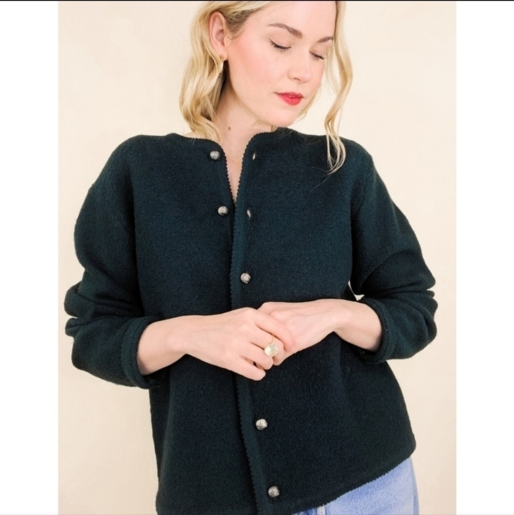 Vintage 80's Evergreen Worsted 100% Wool Cardigan Women's 9/10 Round Color EUC